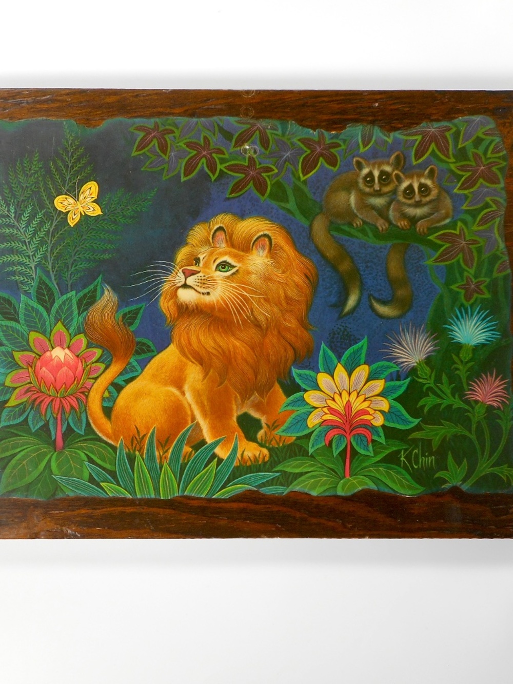 VTG 70s K Chin Litho Art Print Wood Lacquered Lion Jungle Butterfly Flower 13x10